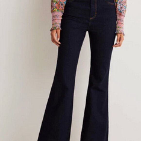 NWT Boden Flare Leg High Rise Jeans Dark Wash Cotton Blend Stretch Boho, sz 16